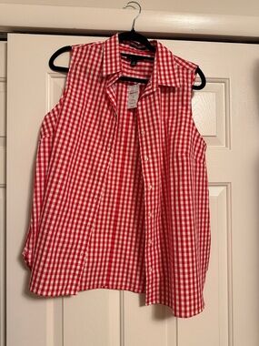 Lands' End Red and White Gingham Sleeveless Button-Down Shirt